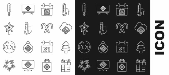 Set line Gift box, Christmas tree, Cloud with snow, Calendar, Meteorology thermometer measuring, star, and candy cane stripes icon. Vector