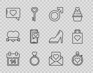 Set line Calendar with February 14, Heart in the center stopwatch, Male gender symbol, Wedding rings, Like and heart, Smartphone speech bubble, Envelope and Shopping bag icon. Vector