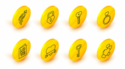 Set line Heart, Key in heart shape, and ribbon, Valentines day party flyer, Wedding rings, Castle the of and Gender icon. Vector