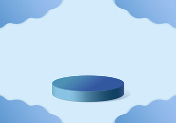 Cylindrical podium. Wavy abstract background. Blue shades background. Mock up for your design. 3D visualization