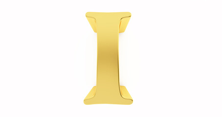 3D render of a golden letter I isolated on white background.