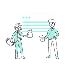 People in the office_ a guy and a girl with documents and papers are happy at the blackboard with a graph_ line_flat © Liudmyla Taranenko