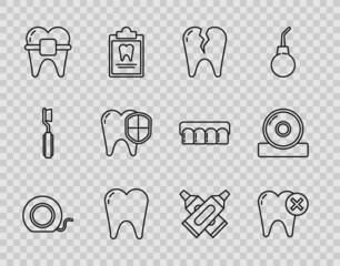 Set line Dental floss, Tooth with caries, Broken tooth, Teeth braces, protection, Crossed tube of toothpaste and Otolaryngological head reflector icon. Vector