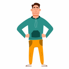 a handsome dark-haired man with his hands on his waist. Vector illustration in a flat cartoon style.