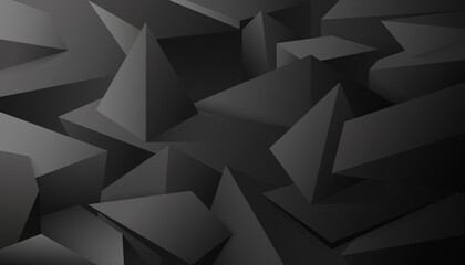 Black geometric dices background. Pyramidal triangle fractals in dark futuristic landscape