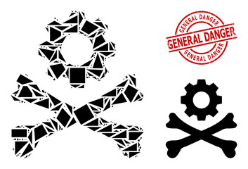Obraz premium Simple geometric death mechanics mosaic and GENERAL DANGER dirty seal. Red seal contains General Danger text inside round and lines template.