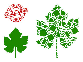 Simple geometric grape leaf mosaic and NATURAL GRAPE unclean stamp imitation. Red stamp has NATURAL GRAPE tag inside round and lines template.