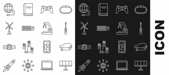 Set line Solar energy panel, Electric car, Screwdriver, Gamepad, Keyboard and mouse, Wind turbine, Social network and Robotic robot arm hand factory icon. Vector