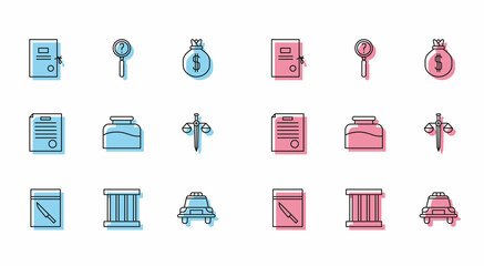 Set line Evidence bag and knife, Prison window, Lawsuit paper, Police car flasher, Inkwell, Scales of justice, The arrest warrant and Magnifying glass with search icon. Vector