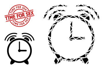 Simple geometric alarm clock mosaic and Time for Sex grunge stamp seal. Red stamp seal has TIME FOR SEX tag inside circle and lines template.