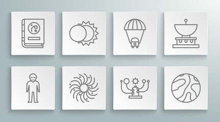 Set line Alien, Eclipse of the sun, Black hole, Solar system, Falling stars, Planet Saturn, and Book by astronomy icon. Vector