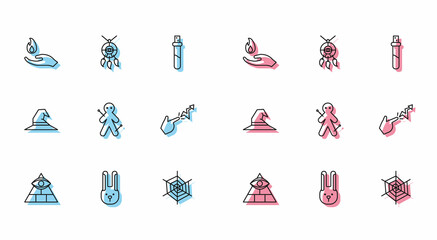 Set line Masons, Rabbit with ears, Hand holding fire, Spider web, Voodoo doll, Spell, Witch hat and Dream catcher feathers icon. Vector