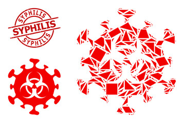 Simple geometric biohazard coronavirus mosaic and SYPHILIS corroded stamp print. Red stamp seal has Syphilis caption inside circle and lines template.