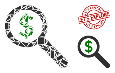 Simple geometric financial audit mosaic and Let'S Explore textured stamp print. Red stamp contains Let'S Explore title inside circle and lines shape.