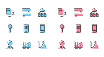 Set line Web camera, Pie chart infographic, Electronic book with mouse, Student working at laptop, Mobile phone, Magnifying glass and Speech bubble chat icon. Vector