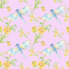 Watercolor seamless pattern from dragonfly and yellow flower isolated on light lilac background.Good for textile,fabrics.