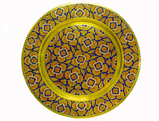 Swap meet. Antique Indian tray, copper - brass, decorated with colored enamel.