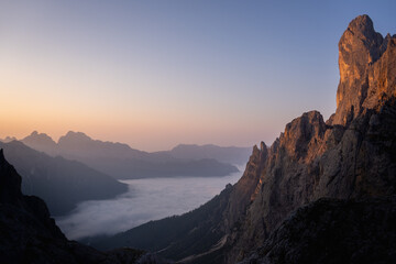 sunrise over pale di san martino mountain in the dolomites 