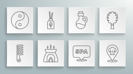 Set line Hairbrush, Aroma diffuser, candle, Spa salon, Massage, Essential oil bottle, Sauna broom and Yin Yang icon. Vector