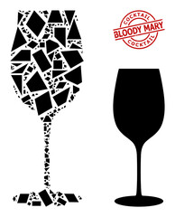Simple geometric wine glass mosaic and Cocktail Bloody Mary grunge seal. Red stamp seal contains Cocktail Bloody Mary title inside circle and lines template.