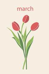 Floral collection with leaves, tulips Happy 8 March. Vector flowers. Spring art print with botanical elements. Festive postcard. Folk style. Spring holiday posters. icons isolated on white background