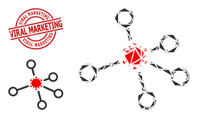 Simple geometric virus node links mosaic and VIRAL MARKETING textured stamp seal. Red seal contains VIRAL MARKETING text inside circle and lines template.