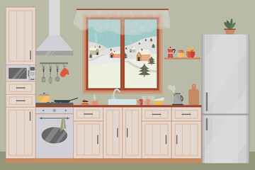 Cozy kitchen interior with a window. Refrigerator, oven, microwave, flowerpot, dishes. 