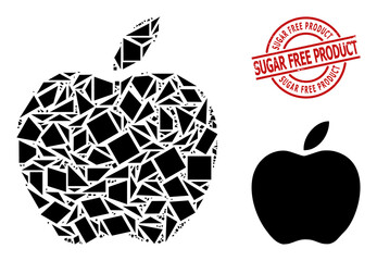 Simple geometric apple mosaic and Sugar Free Product dirty stamp print. Red stamp has SUGAR FREE PRODUCT title inside round and lines form. Vector apple icon collage combined from random triangles,