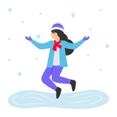 Fototapeta na wymiar Joyful Woman in Snowfalling Concept, Girl Dancing in snow Park Vector Color Icon Design, Winter Season activity Scene Symbol, Wintertime Sign, Holiday Celebration in Snowy Park Stock Illustration