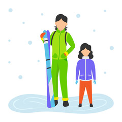 Smiling Caucasian mother and daughter holding ski poles Concept Vector Color Icon Design, Winter Season activity Scene Symbol, Wintertime Sign, Holiday Celebration in Snowy Park Stock Illustration