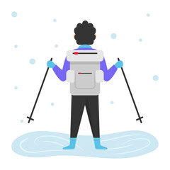 Young Active man wearing Skiing  Equipment Concept, Boy Skier back view Vector Icon Design, Winter Season activity Scene Symbol, Wintertime Sign, Holiday Celebration in Snowy Park Stock Illustration
