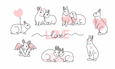 Set of line art minimalistic rabbits with hearts. Love and Valentine's Day. Hand drawn cute animal collection for love confession and greeting cards
