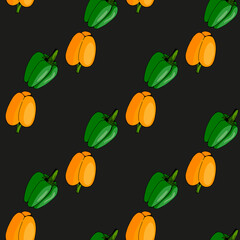 Seamless pattern with green and orange peppers on black background. Vector image.