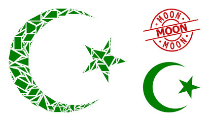 Simple geometric muslim moon mosaic and Moon textured stamp seal. Red stamp seal includes MOON text inside circle and lines template.