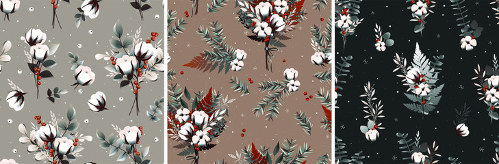 Set pattern with cotton, fir twigs, fern, snowflakes, vintage background. Vector illustration. Nature design. Season greeting. Winter forest.  - obrazy, fototapety, plakaty