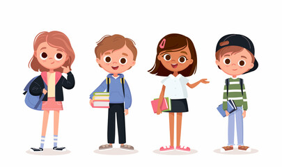 Set of school kids with school supplies.Pupils, children with books and backpacks. Vector set of preschoolers,teenagers, characters in different poses,clothes,wear.Children fashion models.Kids apparel
