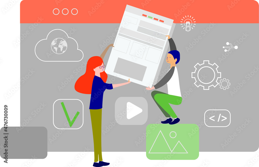 Poster website construction, web design concept illustration in flat style. people working on website. char