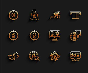 Set line Stacks paper money cash, Coin with dollar, euro symbol, Yen, Currency exchange, Financial growth and, pound and Cryptocurrency icon. Vector