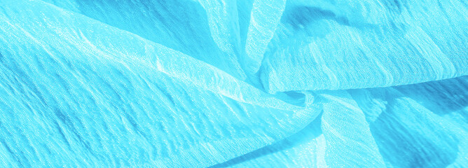 Texture, background, pattern, collection, wrinkled silk fabric "electric" blue. 3D pleated wrinkled and wrinkled light camel fabric made of pure silk
