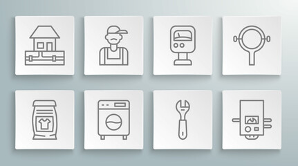 Set line Laundry detergent, Plumber, Washer, Wrench spanner, Gas boiler, Pressure water meter, Filter wrench and Water supply pipes icon. Vector