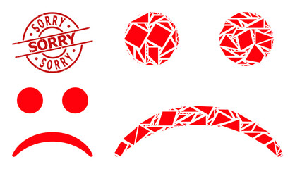 Simple geometric sad smiley mosaic and Sorry scratched stamp seal. Red stamp seal contains SORRY caption inside round and lines template.