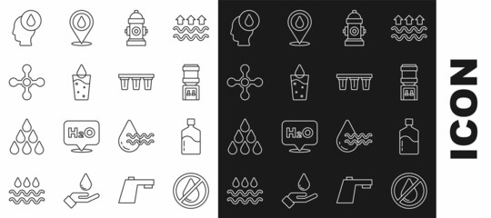 Set line Water drop forbidden, Big bottle with clean water, cooler, Fire hydrant, Glass, tap, and filter icon. Vector