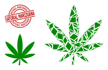 Simple geometric marijuana mosaic and Natural Marijuana scratched stamp seal. Red seal includes Natural Marijuana title inside circle and lines form.