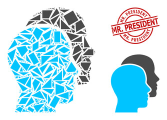 Simple geometric man heads mosaic and Mr. President corroded stamp seal. Red stamp seal contains Mr. President title inside circle and lines form.