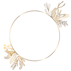Golden round frame with a composition of flowers and branches with leaves.