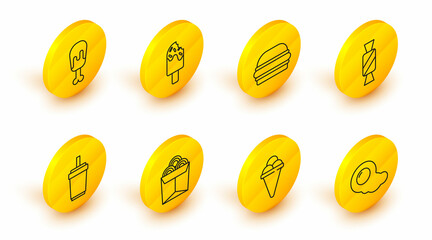 Set line Scrambled eggs, Ice cream in waffle cone, Noodles box, Paper glass with straw, Candy, Burger, and Chicken leg icon. Vector