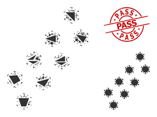 Simple geometric virus trace mosaic and PASS rubber seal. Red stamp seal has Pass tag inside circle and lines shape. Vector virus trace icon collage designed from chaotic triangles,