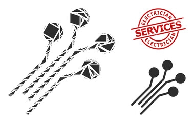Simple geometric circuit connectors mosaic and Electrician Services dirty stamp seal. Red stamp includes Electrician Services text inside round and lines shape.