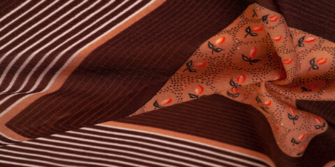 Texture, pattern, collection, silk fabric, brown background with a striped pattern of white and red...