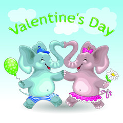 Valentine's day greeting card with couple of happy cartoon elephants on sky background